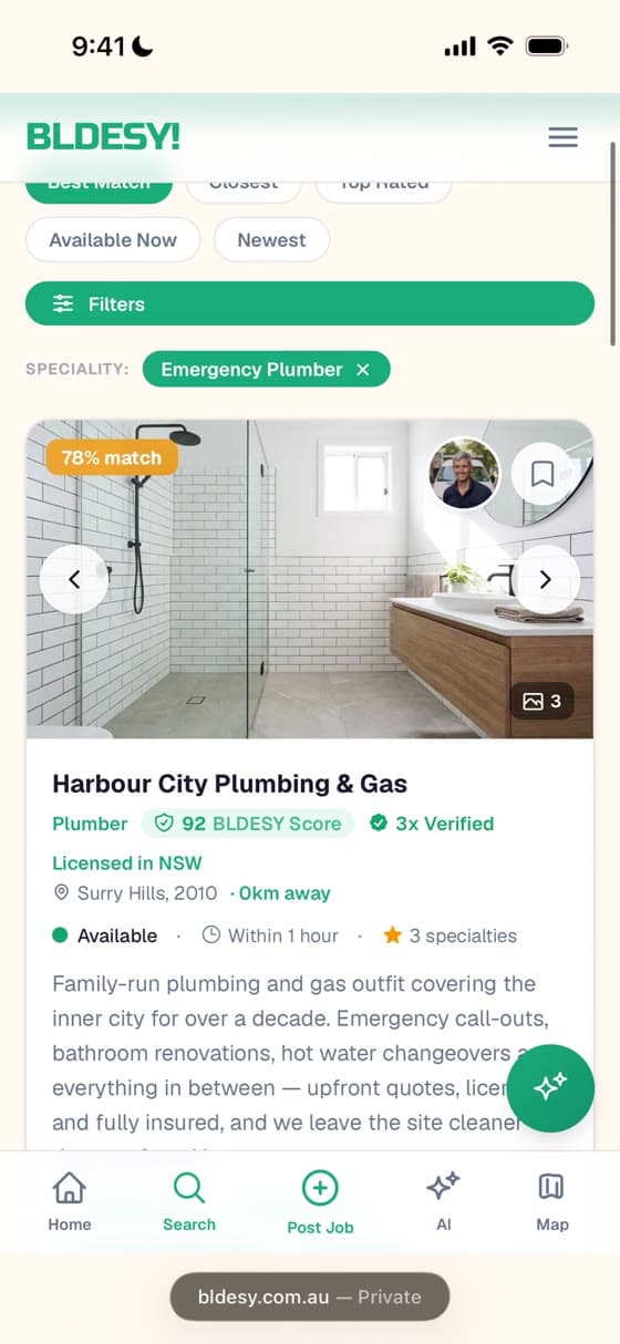 BLDESY search results showing a checked tradie profile
